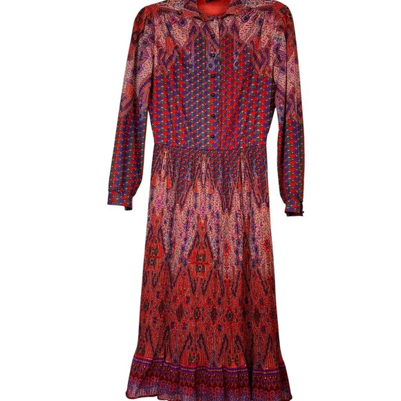 A0004 Vintage Sora Couture Design Dress  Vibrant Patterned Long Sleeve - Picture 1 of 16
